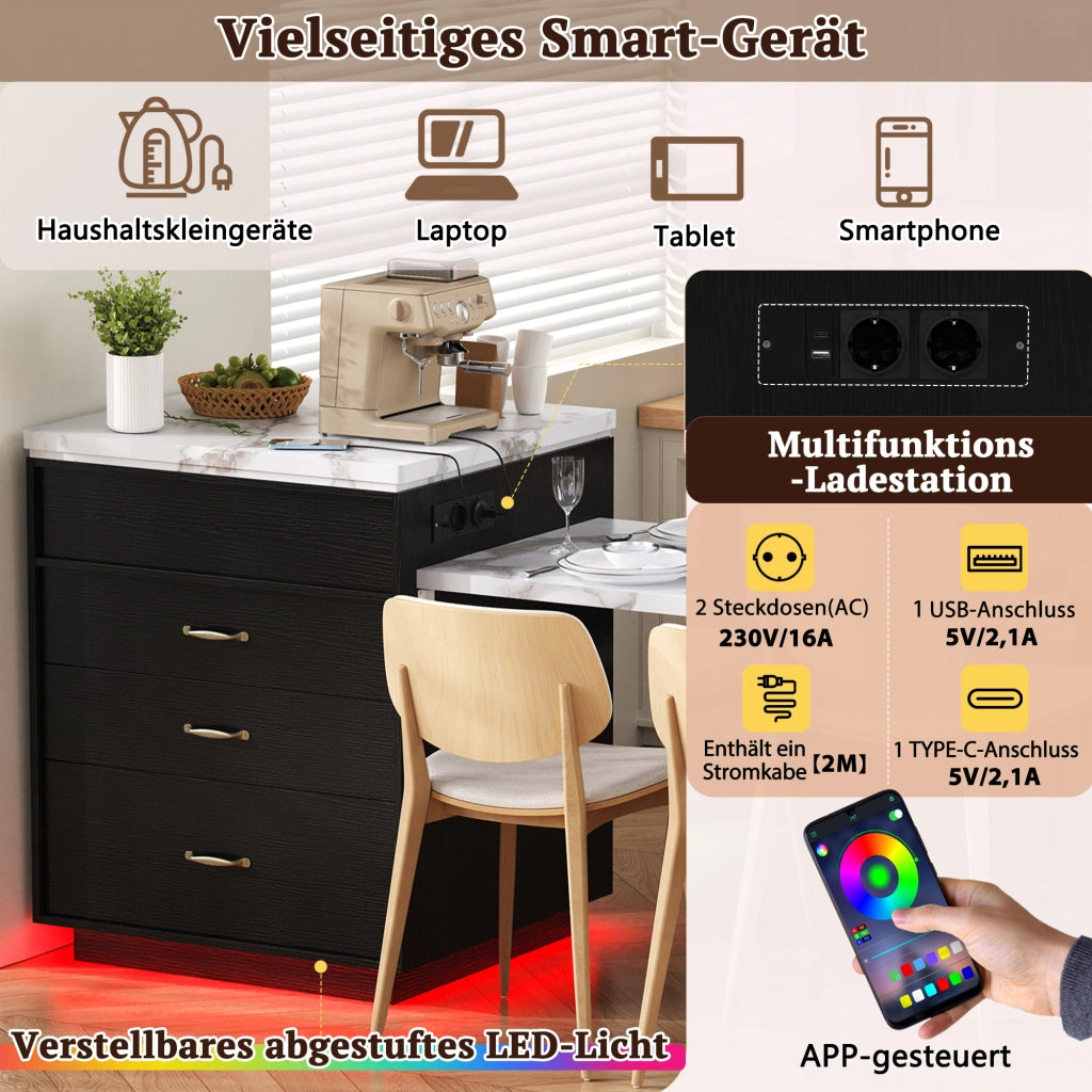 Tavolo allungabile con LED e presa usb tipo c, cassetti e ripiani aperti, per cucina e sala da pranzo, in MDF, nero