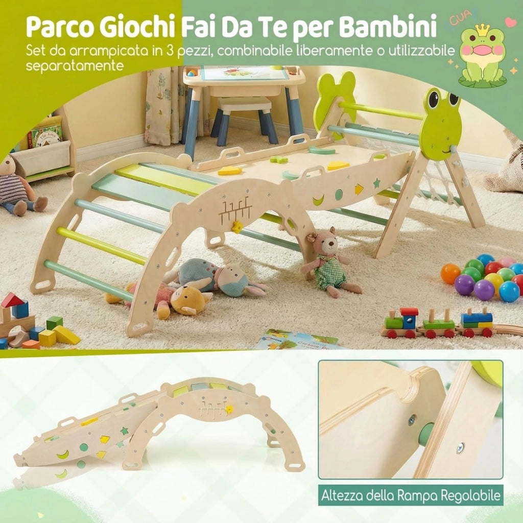 7 in 1 Set da Arrampicata per Bambini, Giocattoli da Arrampicata in Legno con Rampa Scala e Arco, Gioco del Labirinto, Giochi Montessori per Bambini 1 Anni + (Rana 3 Pezzi con Rete, Verde)