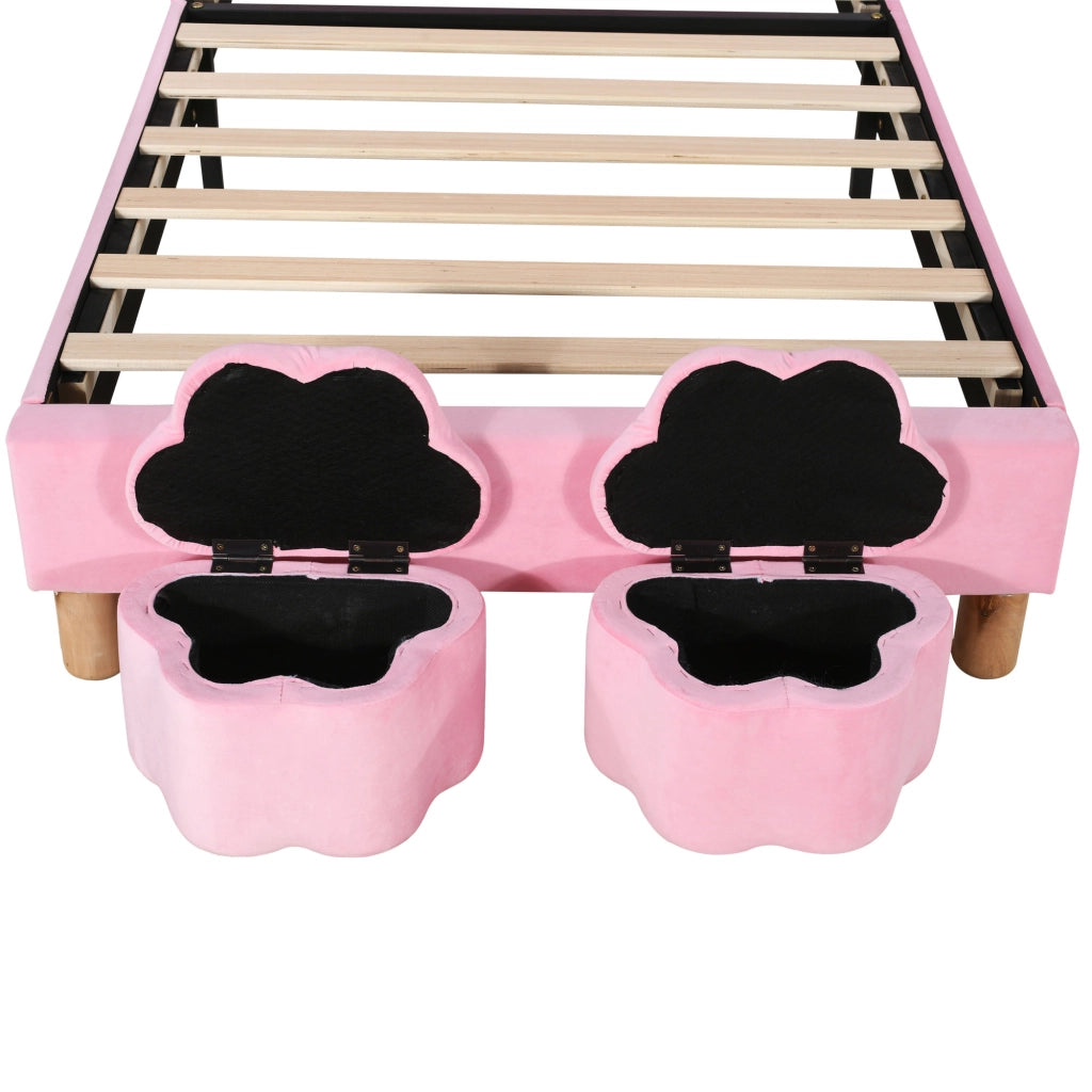 Letto Singolo 90x200 cm; con 2 bauli; LED e orecchie pieghevoli - in velluto rosa