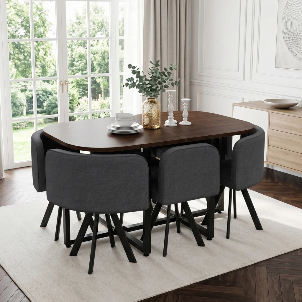 Set da pranzo con finitura effetto legno, composto da 6 sedie in tessuto di lino e un tavolo da pranzo (140 x 90 cm), grigio e noce
