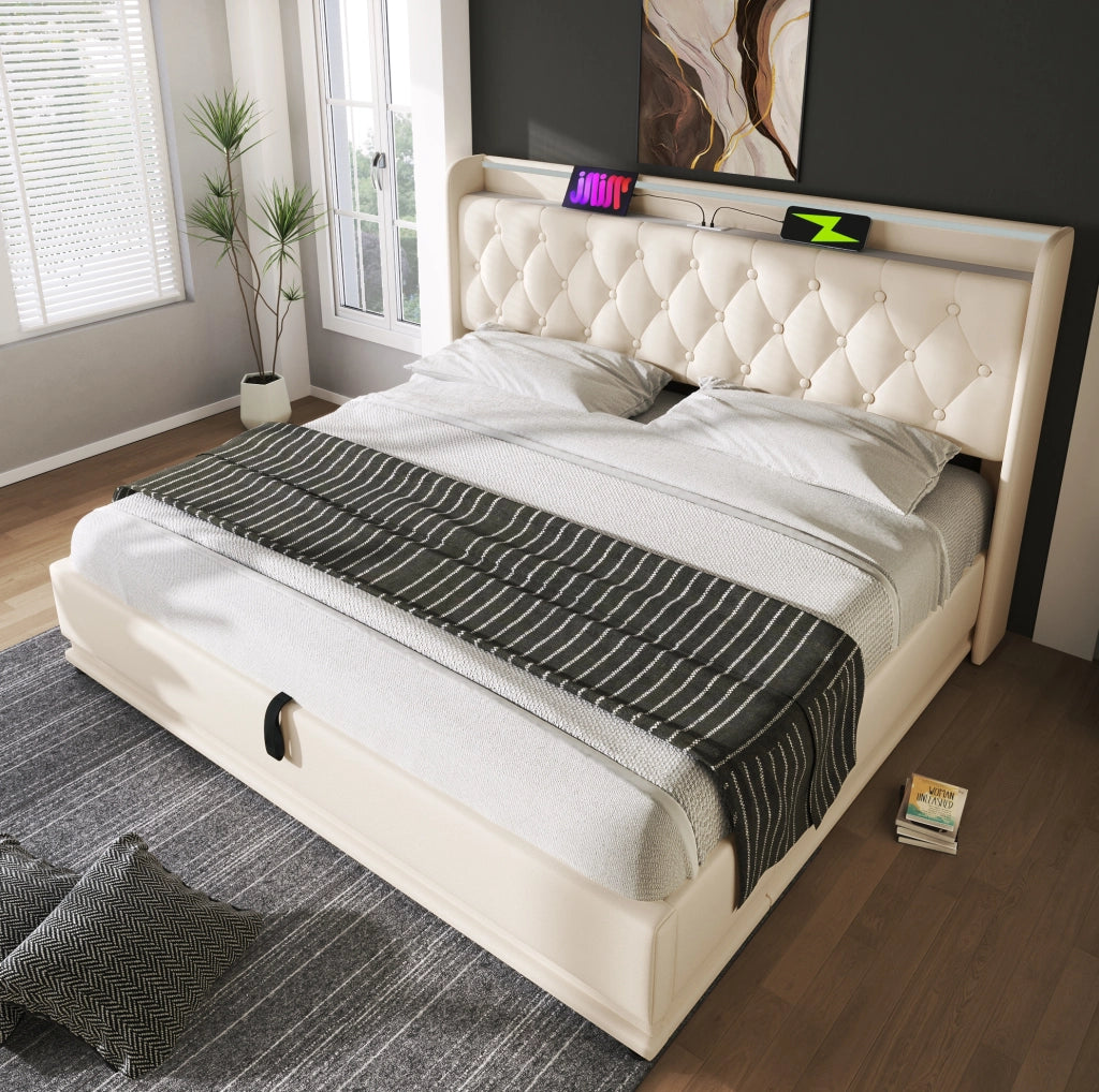 Letto matrimoniale 140x200 cm con LED, USB-C e materasso