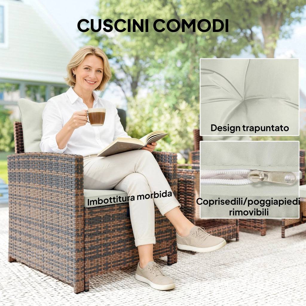 Set Giardino in PolyRattan e Acciaio 5 Pezzi con 2 Sedie, 2 Pouf e Tavolino da Caff¨¨ ¨C ZephMum ¨C Marrone e Crema