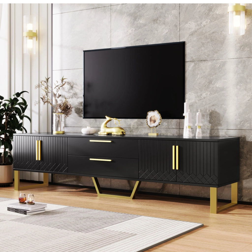 Mobile porta TV con 4 ante, 2 cassetti centrali e ripiani interni, finitura lucida, in MDF nero e oro, 170 × 40 × 53,5 cm