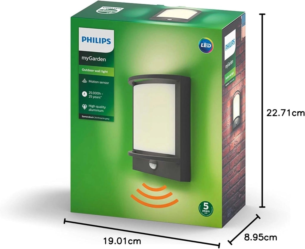 Philips myGarden Samondra - Lampada da parete a LED per esterni, con sensore di movimento, colore: antracite, 2700 K