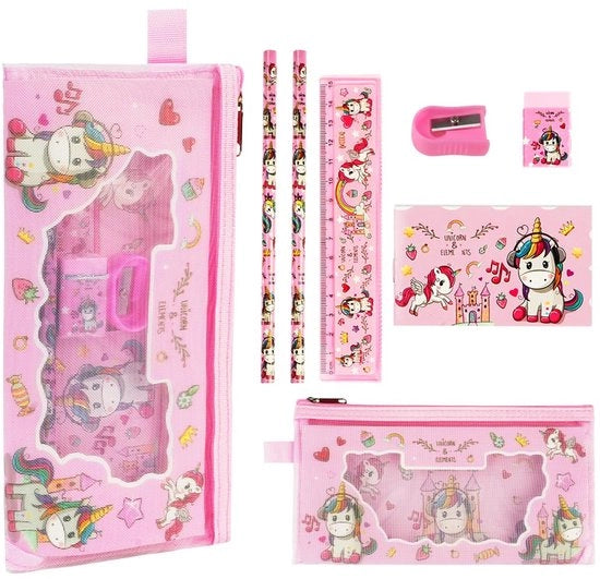 Set di utensili da disegno Unicorn, set di regali da disegno per ragazze 7 pezzi, set di regali per ragazze con etui, matita, righello, quaderno di note, punterello, gomma.