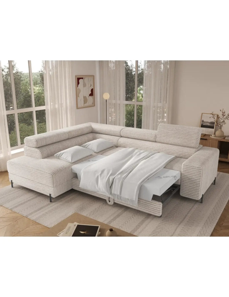 Divano angolare COLESIA convertibile 5 posti bianco crema in velluto a coste – sinistro – 274x200cm