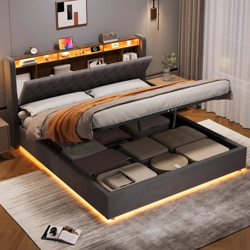 LETTO Imbottito 180 x 200 cm in Velluto Grigio Scuro con Contenitore