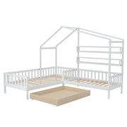 Letto Casetta 200 x 90 cm e 140 x 70 cm; Letto per Bambini - Cassetti e Mensole - Bianco