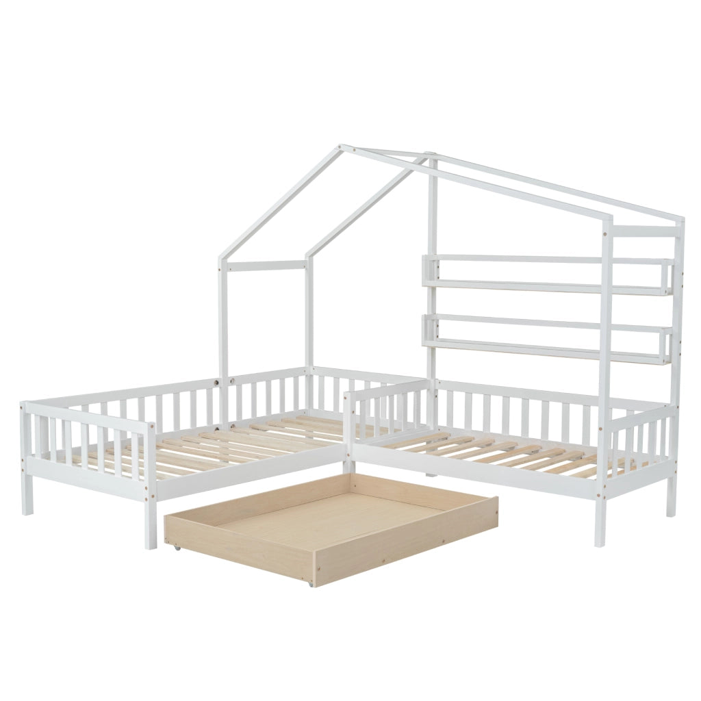 Letto Casetta 200 x 90 cm e 140 x 70 cm; Letto per Bambini - Cassetti e Mensole - Bianco