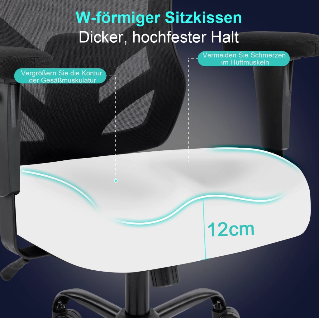 Sedia da ufficio ergonomica nera con supporto lombare regolabile e braccioli 2D