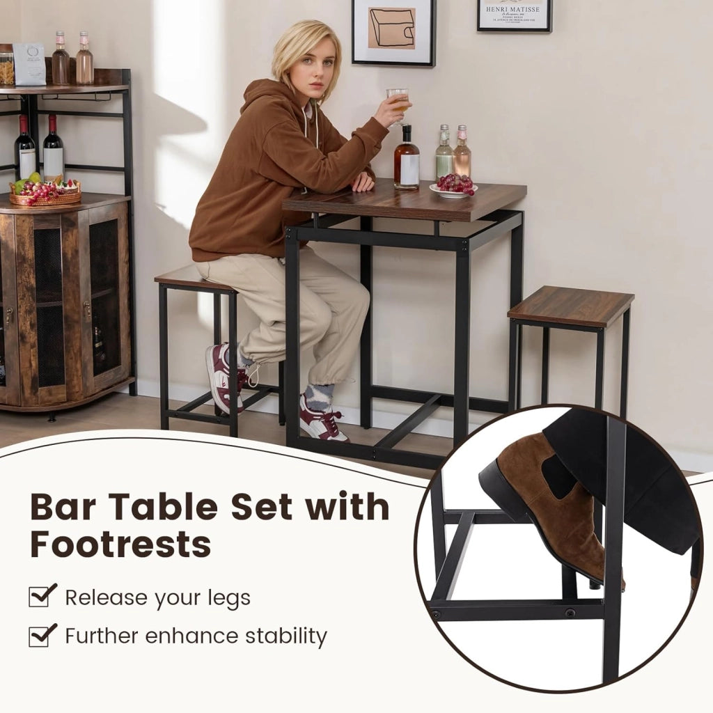 Tavolo da Bar con Sgabelli da Bar Incorporati, Tavolo da Pranzo con 2 Sedie, Tavoli da Cucina ad Altezza Banco, Piano a Sbalzo Spesso 30 mm, Marrone Rustico