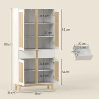 Credenza da cucina alta  con 4 ante, 2 cassetti e mensole regolabili, 80x35x170cm, Bianco e quercia