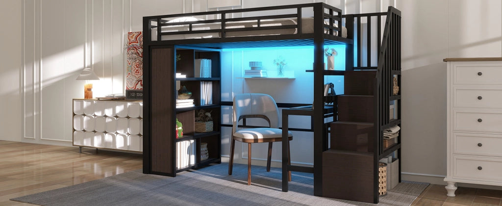 LETTO a soppalco 90x200 cm in metallo nero con scrivania e ripiani, senza materasso