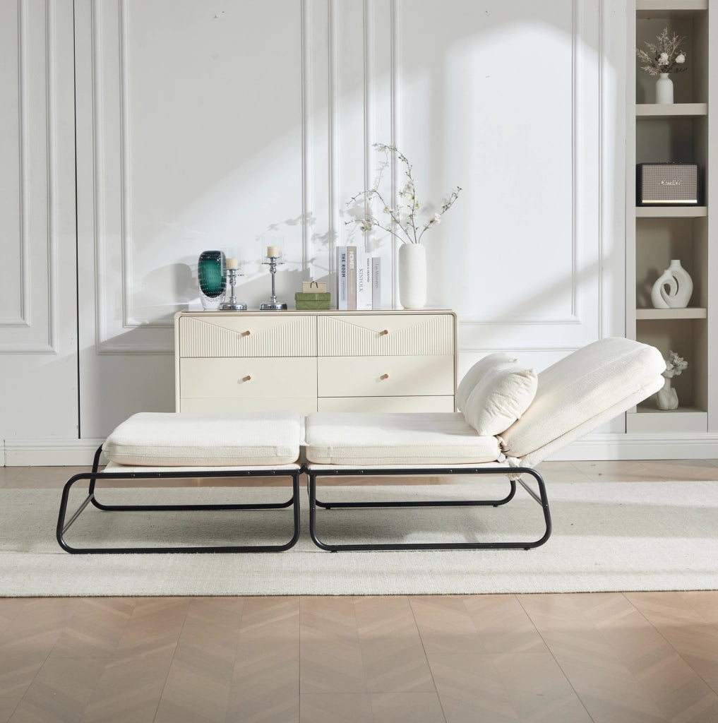 Divano letto 2 posti trasformabile 104x85x92 cm in chenille beige con struttura in metallo