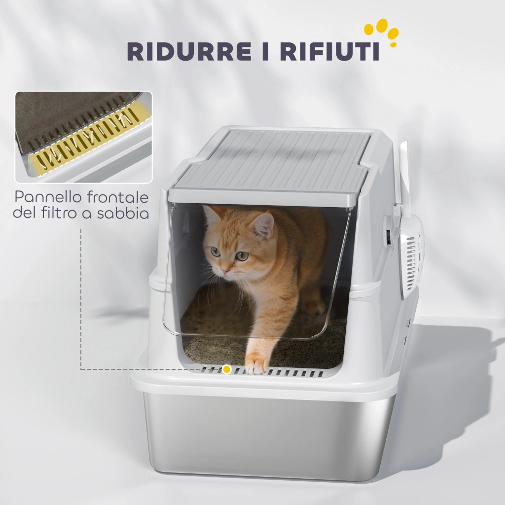 Lettiera per Gatti Grandi con Coperchio Ribaltabile Paletta e Deodorante in Acciaio Inox Grigio Chiaro