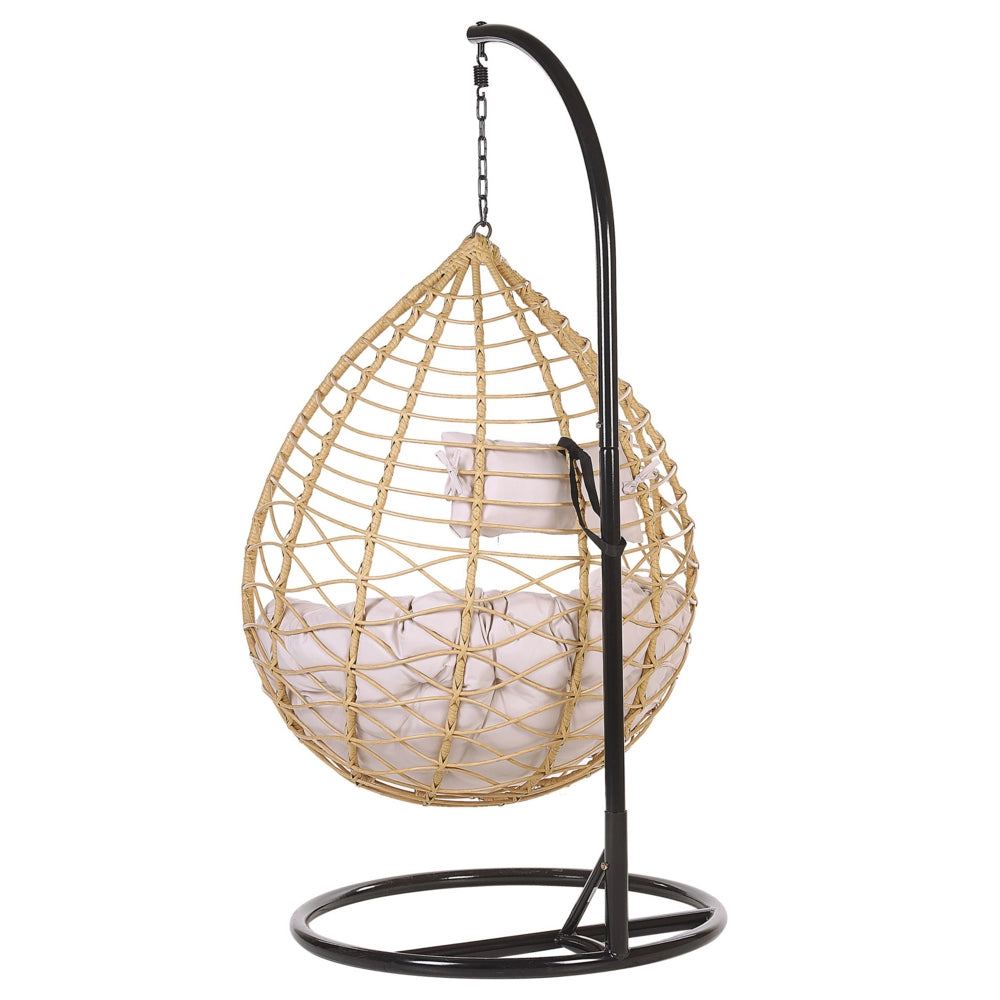Sedia sospesa poltrona pensile in rattan beige con struttura in metallo a forma di cestino per interni ed esterni Boho