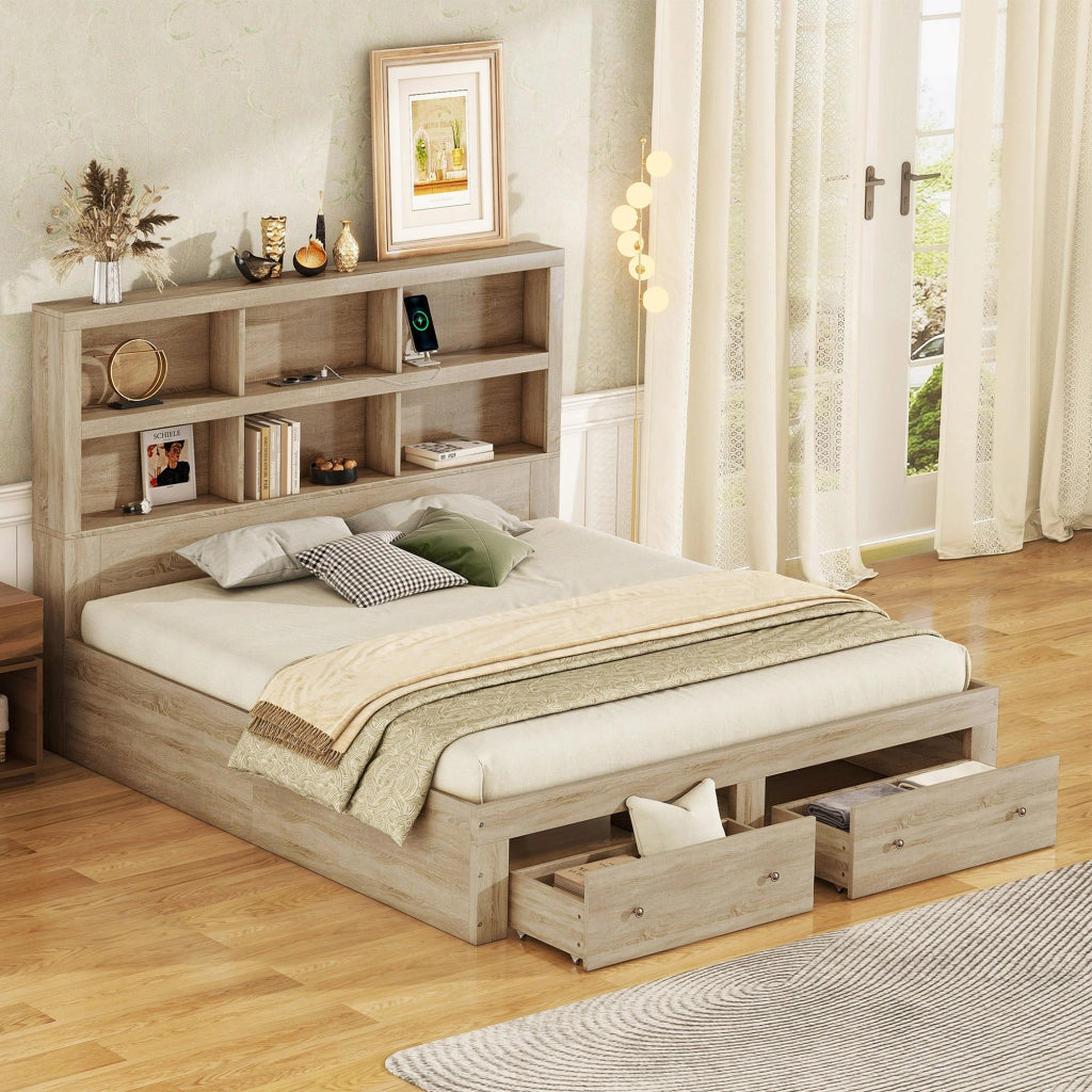 LETTO matrimoniale 160x200 cm in pannello truciolare naturale con USB e 2 cassetti