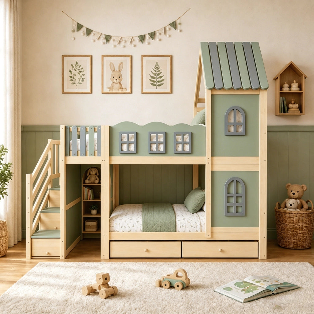 Letto a castello per bambini 90x200 cm in legno; verde/grigio/naturale; con scale contenitore e cassetti