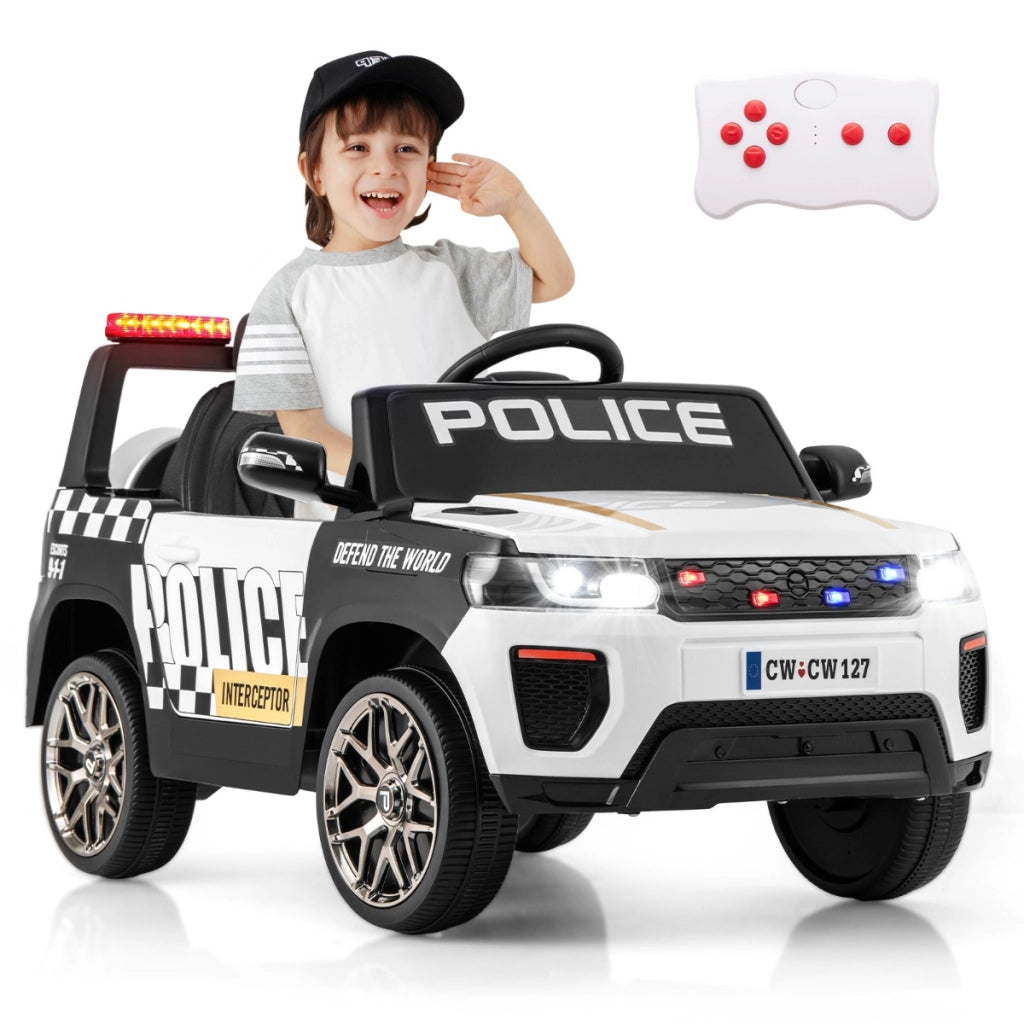Auto della polizia per bambini con telecomando connessione wireless musica clacson sirena e luci LED, Auto elettrica Bianco-Macchinine giocattoli