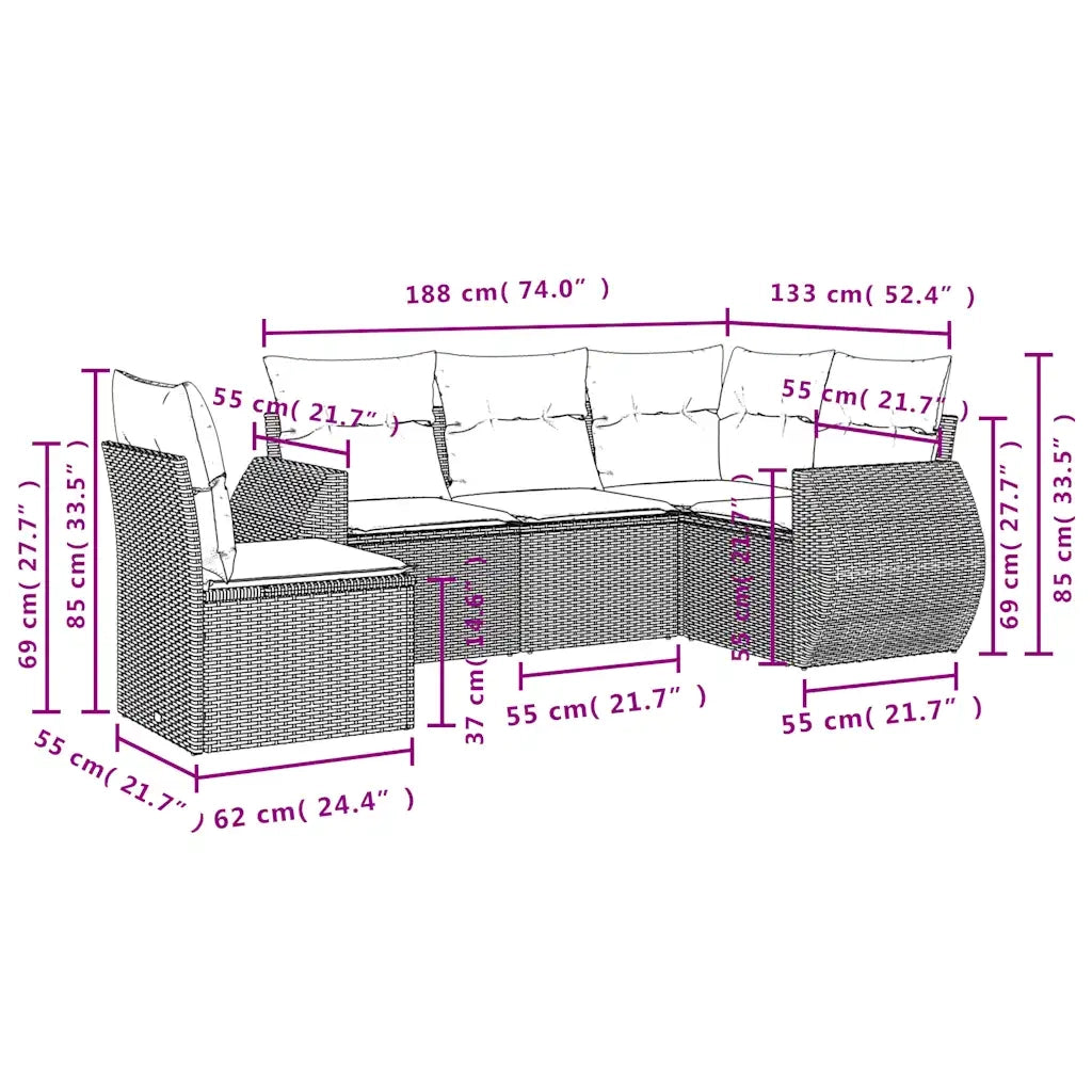 Set Divano da Giardino 5 pz con Cuscini Marrone in Polyrattan 3221372