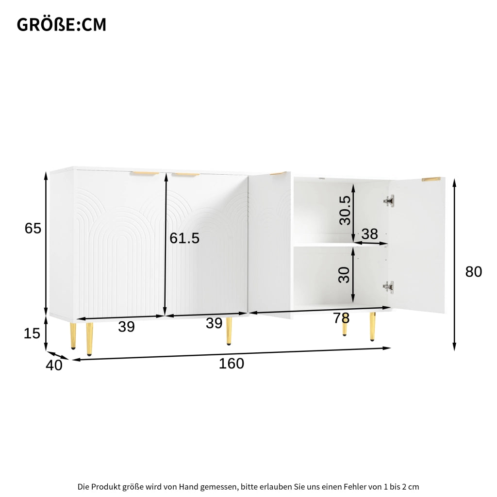 Credenza soggiorno bianca 4 ante con maniglie e dettagli oro, 160x40x80 cm, ripiani regolabili