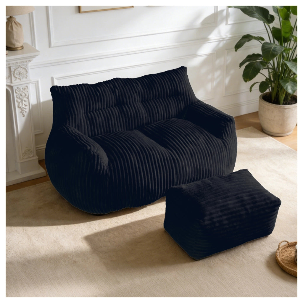 Poltrona pouf con poggiapiedi - design ergonomico avvolgente - in flanella - nero 52×42×39 cm