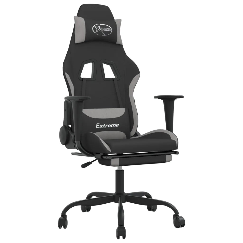 Sedia da Gaming | Sedia da e-sports Massaggio e Poggiapiedi Nero e Grigio Tessuto