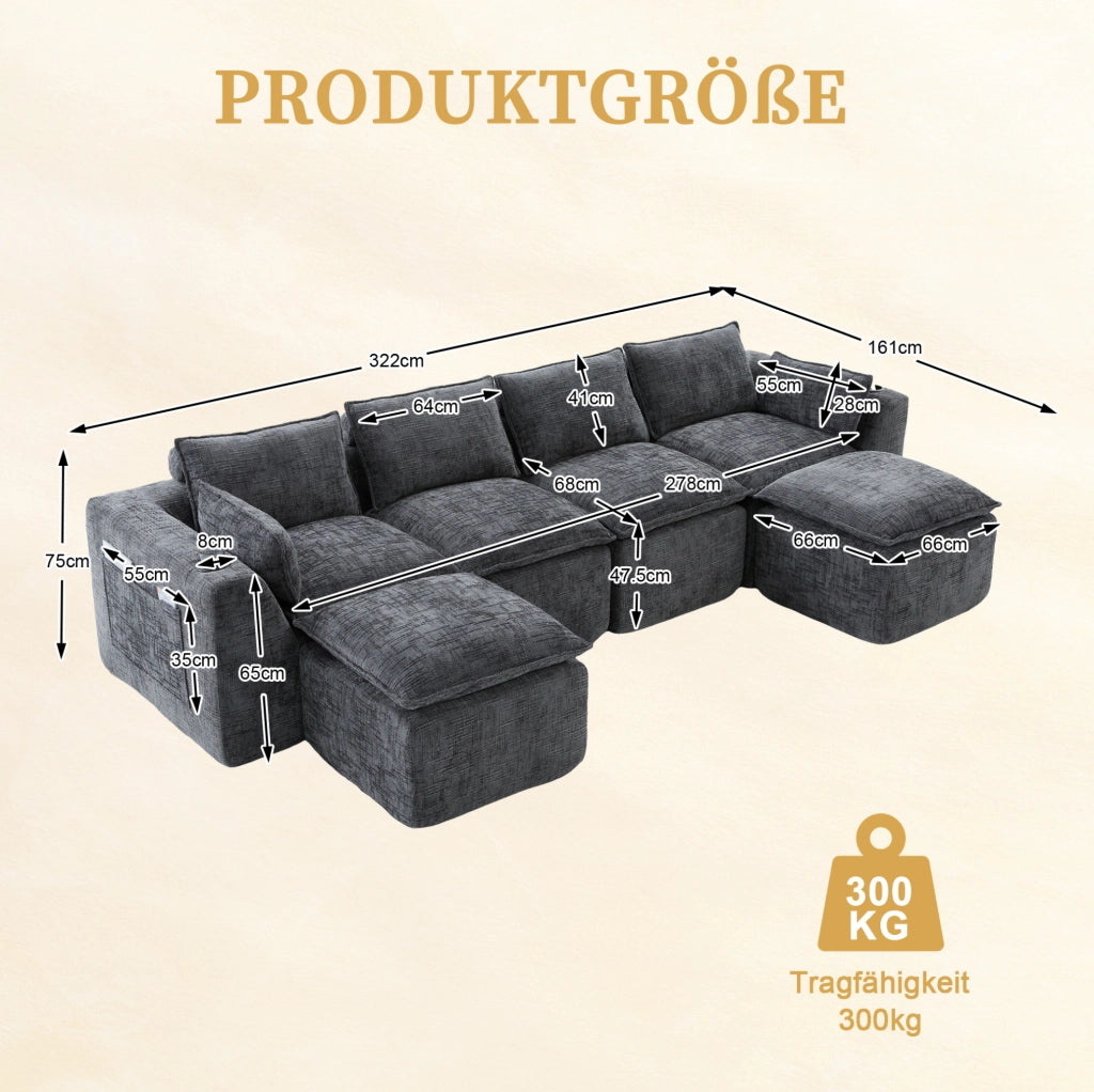 Divano modulare componibile 322x161x75 cm in chenille grigio scuro; con tasche laterali e cuscini