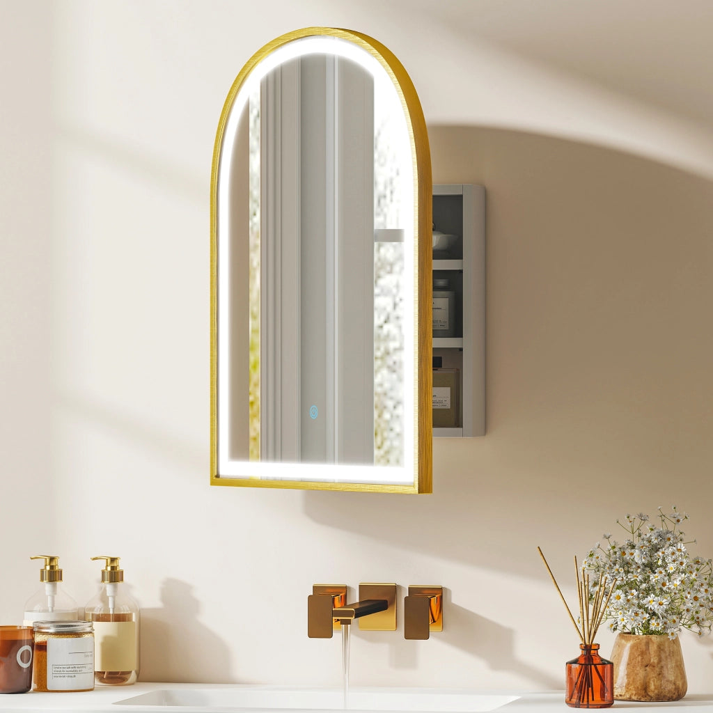 Armadietto da bagno con specchio e luce LED, porta ad arco, anti-appannamento ¨C Zephmum ¨C Dorato 50x14.5x70 cm