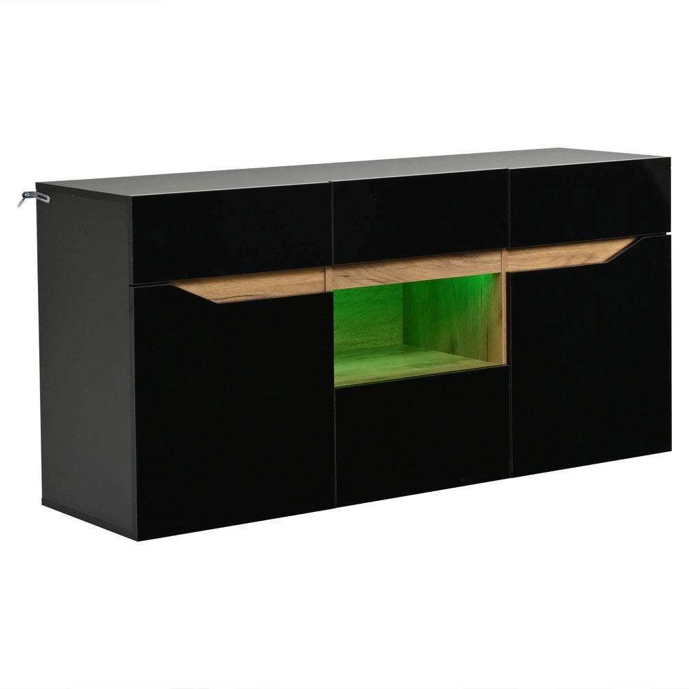 Credenza Soggiorno con Cassetti e LED ¨C MINIMAL ¨C Nero/Legno 140x40x70