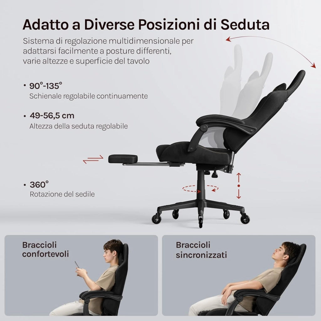 Sedia da gaming, Sedia Gaming Ergonomica con Ruote Silenziose, Altezza e Inclinazione Regolabile, con Braccioli Sincronizzati e Poggiapiedi, in Tessuto Scamosciato, Blu