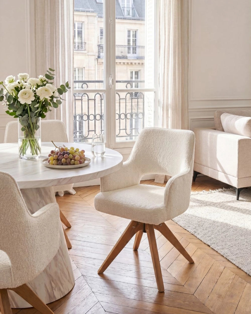 Sedia da pranzo girevole con schienale curvo in bouclè beige chiaro stile scandinavo