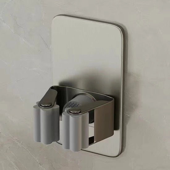 Doppio supporto per scopa e straccio in acciaio inossidabile, adesivo per installazione a muro per cucina, bagno e garage (rettangolare, grande)