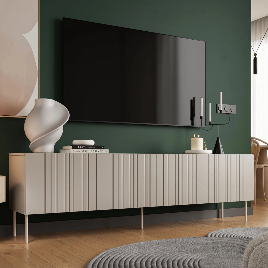 Mobile porta TV Sospiro, Madia da salotto con quattro ante battenti e quattro vani interni, Rialzato da terra, 201x42 h60 cm, Beige