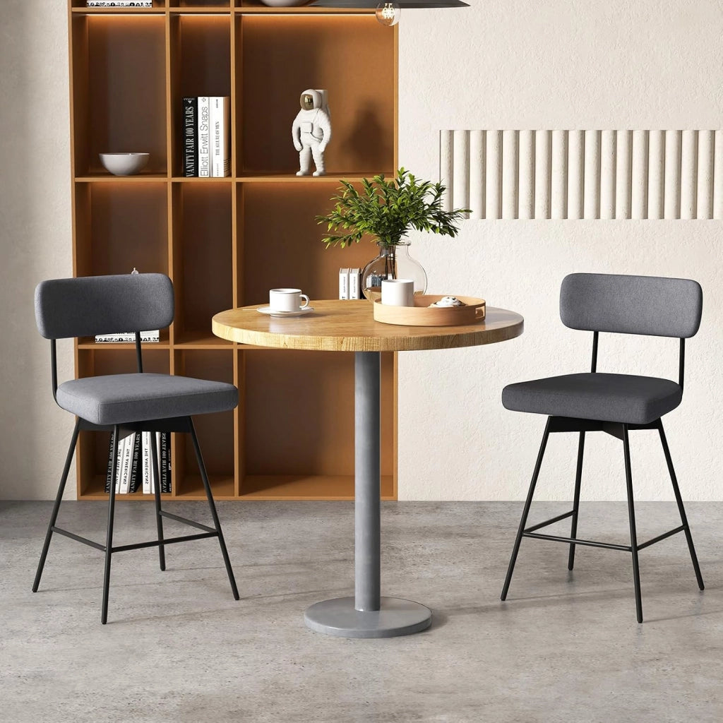 Set di 2 Sgabelli da Bar Girevoli a 360°, Sgabelli da Cucina con Schienale, Poggiapiedi, Sedia Alta Moderna Imbottita Struttura in Metallo, Altezza 90,5 cm, Capacità di 150 kg (Grigio)