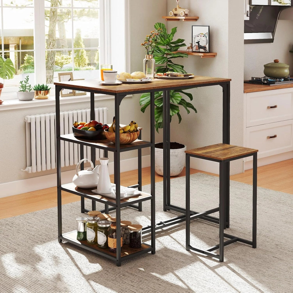 Set 3 Pezzi Tavoli da Bar per 2 Persone, Tavolo da Pranzo con 2 Sgabelli, 3 Ripiani Portaoggetti, Banco Pub e Sedie per Appartamento Piccolo, Cucina e Soggiorno,110 x 60 x 110 cm