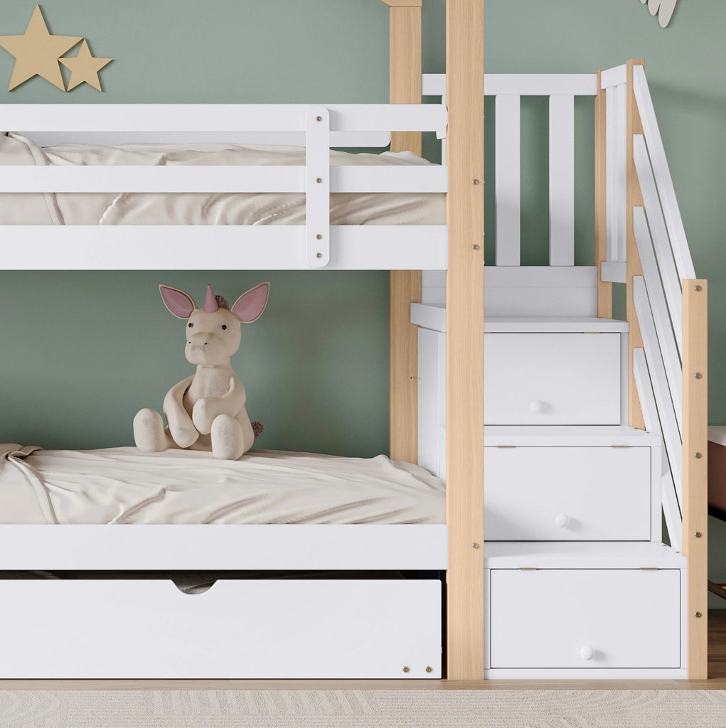 Letto a castello estraibile in legno naturale e bianco con scala e 4 cassetti, 90x200 cm e 90x190 cm