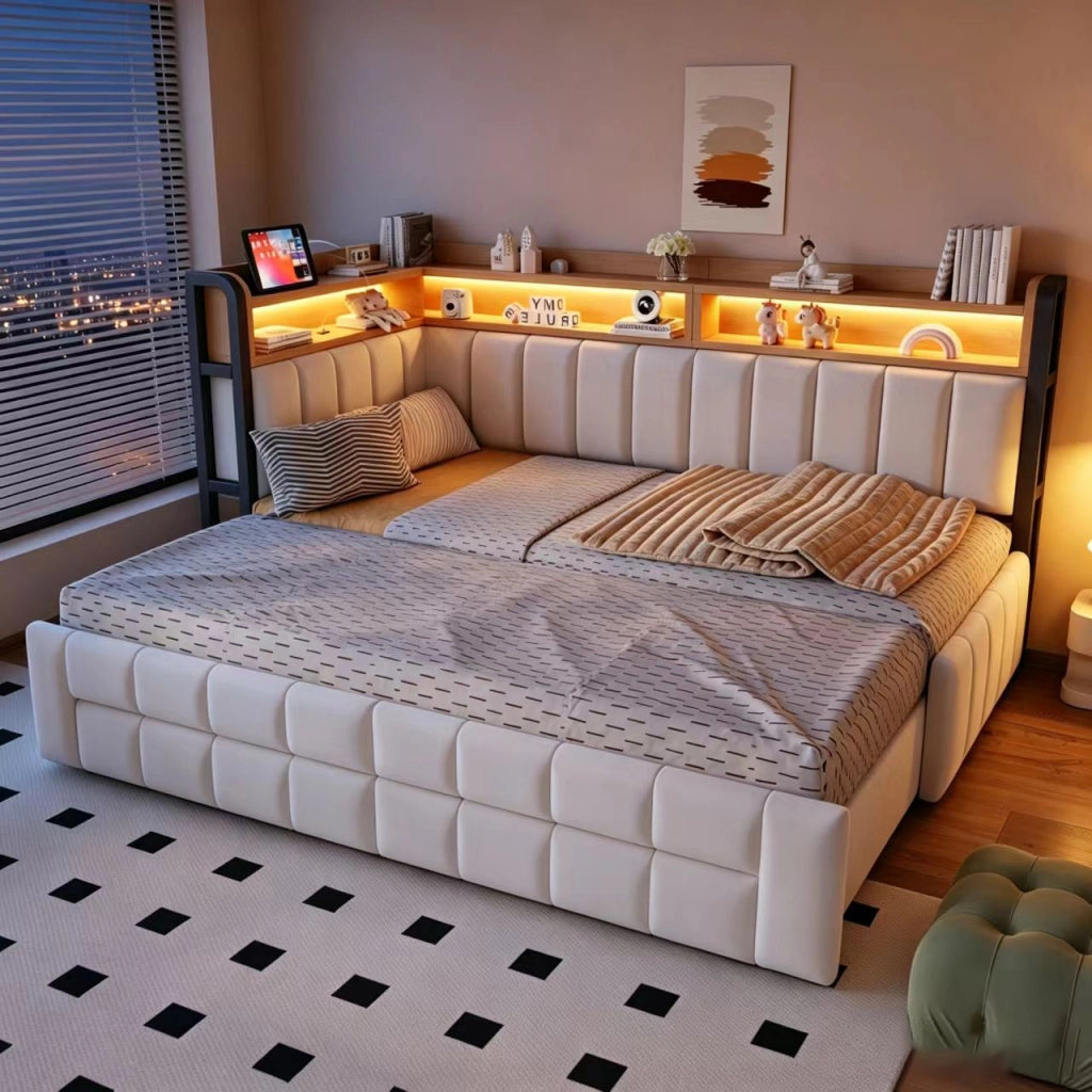 Divano letto imbottito 90x200 cm estensibile in 180x200 cm con contenitori, cassetti, LED e porte USB/Type-C, velluto beige