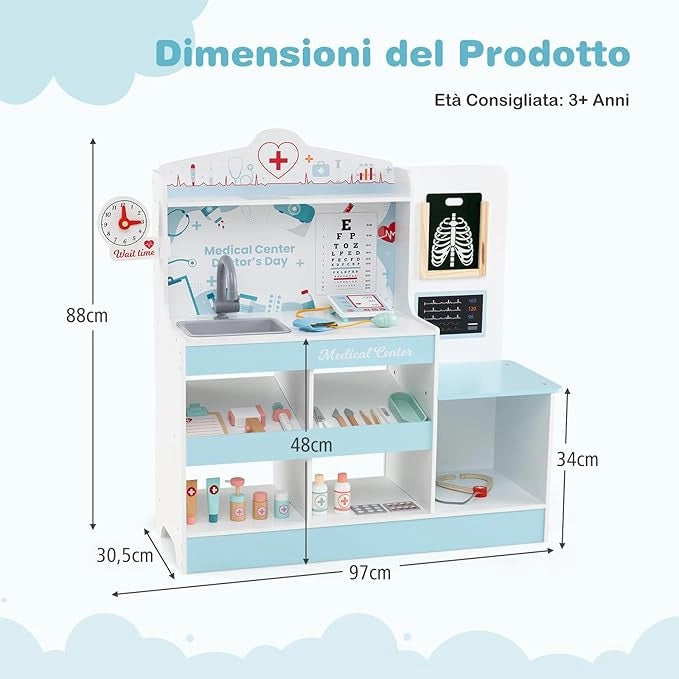 Set da Gioco Dottore in Legno, Centro Medico per Bambini con Orologio, Lavandino, Tabella Oculistica, Monitor ECG, Area Esame e 24 Accessori Giocattolo, 97 × 30,5 × 88 cm (Blu)