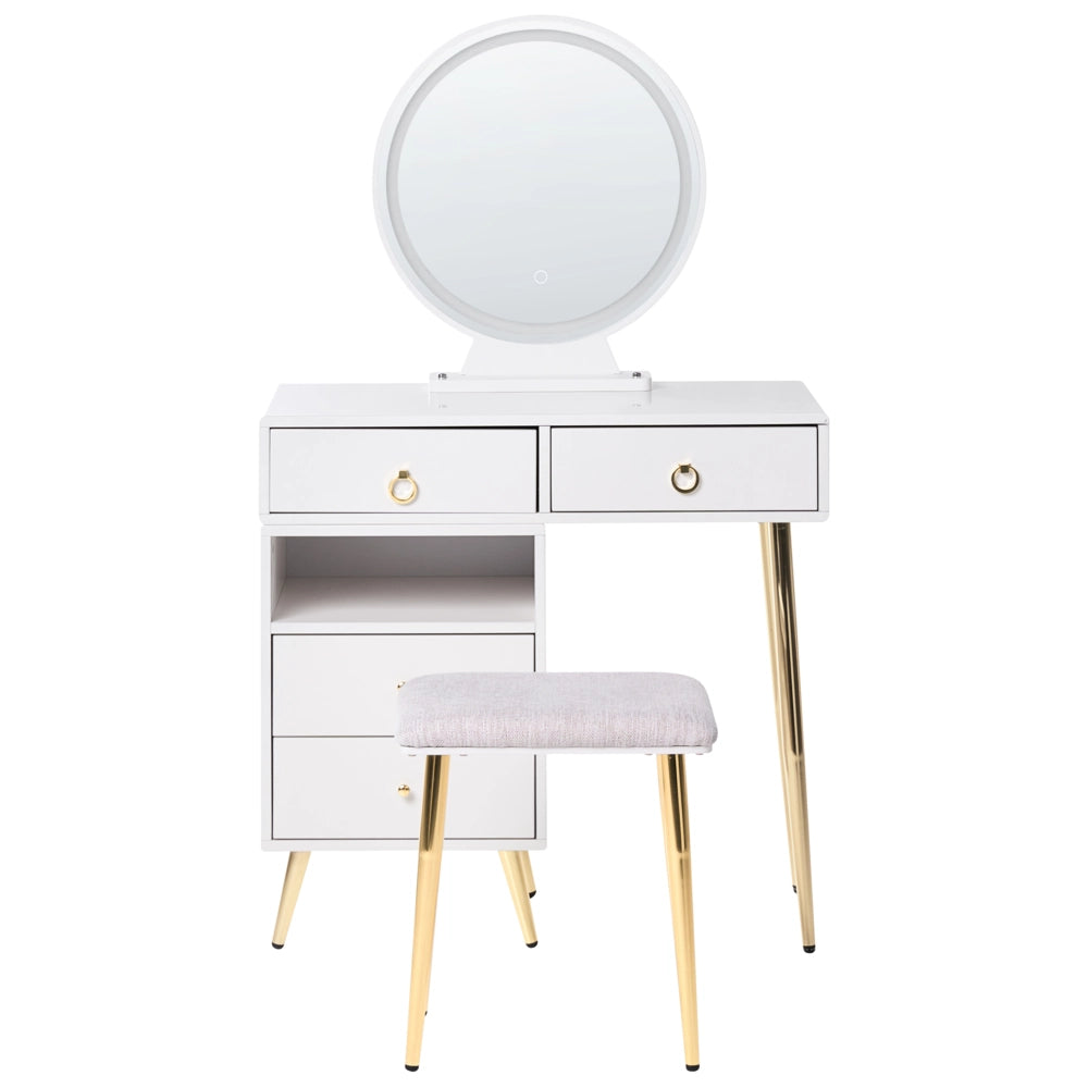 Toeletta con 6 cassetti specchio LED bianco e oro e sgabello camera da letto elegante