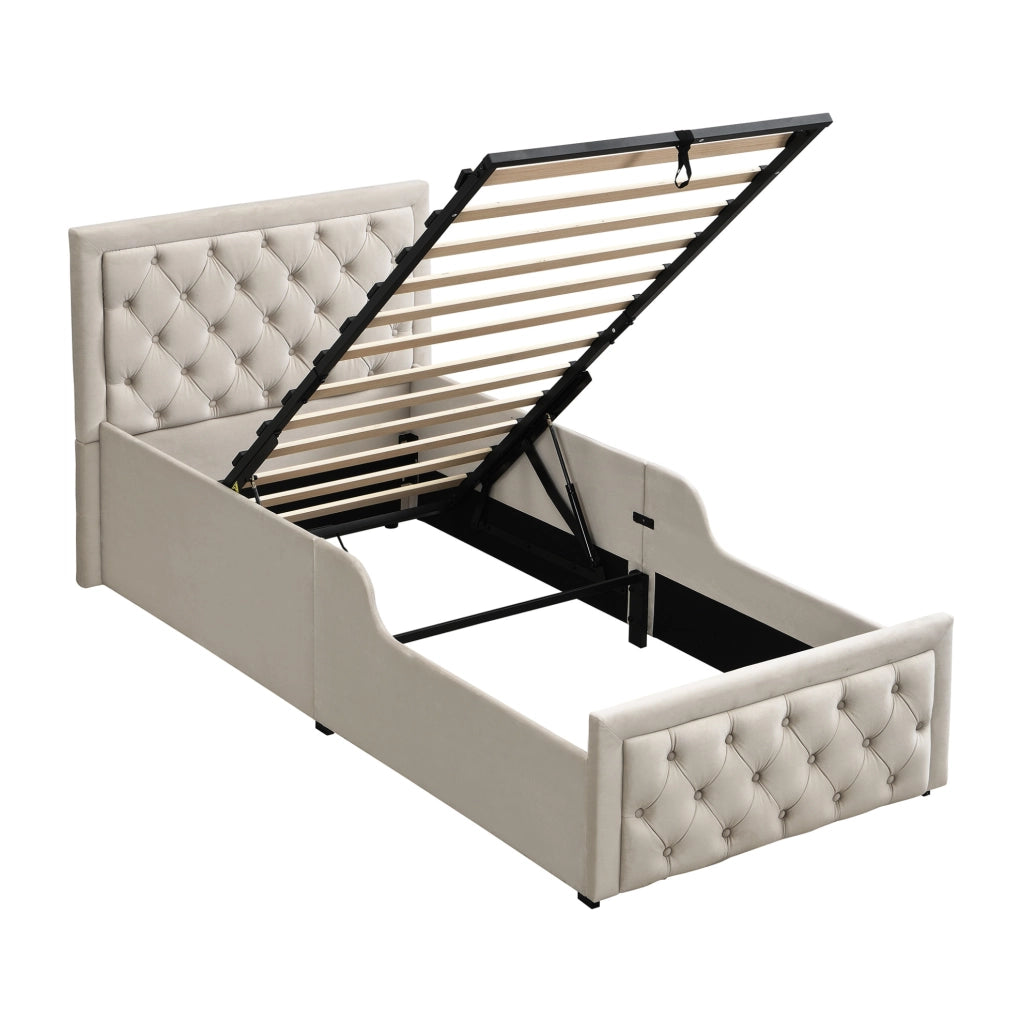 Letto singolo per bambini 90x200 cm con contenitore; velluto beige
