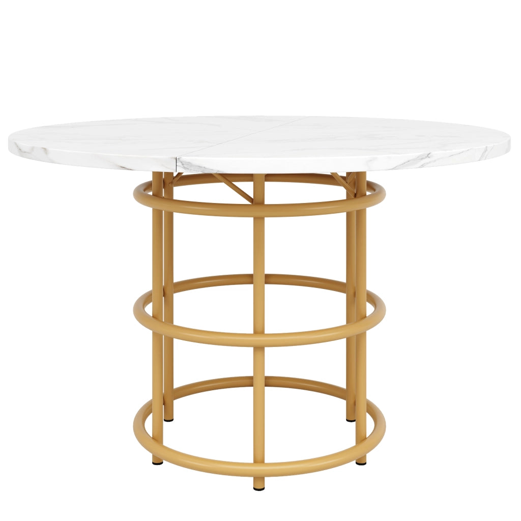 Tavolo da Pranzo Rotondo ¨C MINIMAL ¨C Piano in MDF Effetto Marmo, Gambe in Metallo Dorato, 100x100x76