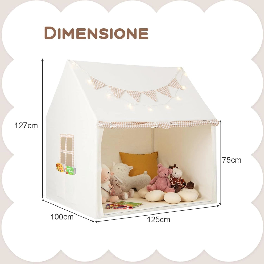 Tenda da Gioco per Bambini, Casetta Tenda da Gioco con Tappetino Imbottito, 2 Finestre Traspiranti e 2 Tasche, Luci a Stella e Bandierine Incluse, Tenda per Bambini 3-8 Anni (Beige)