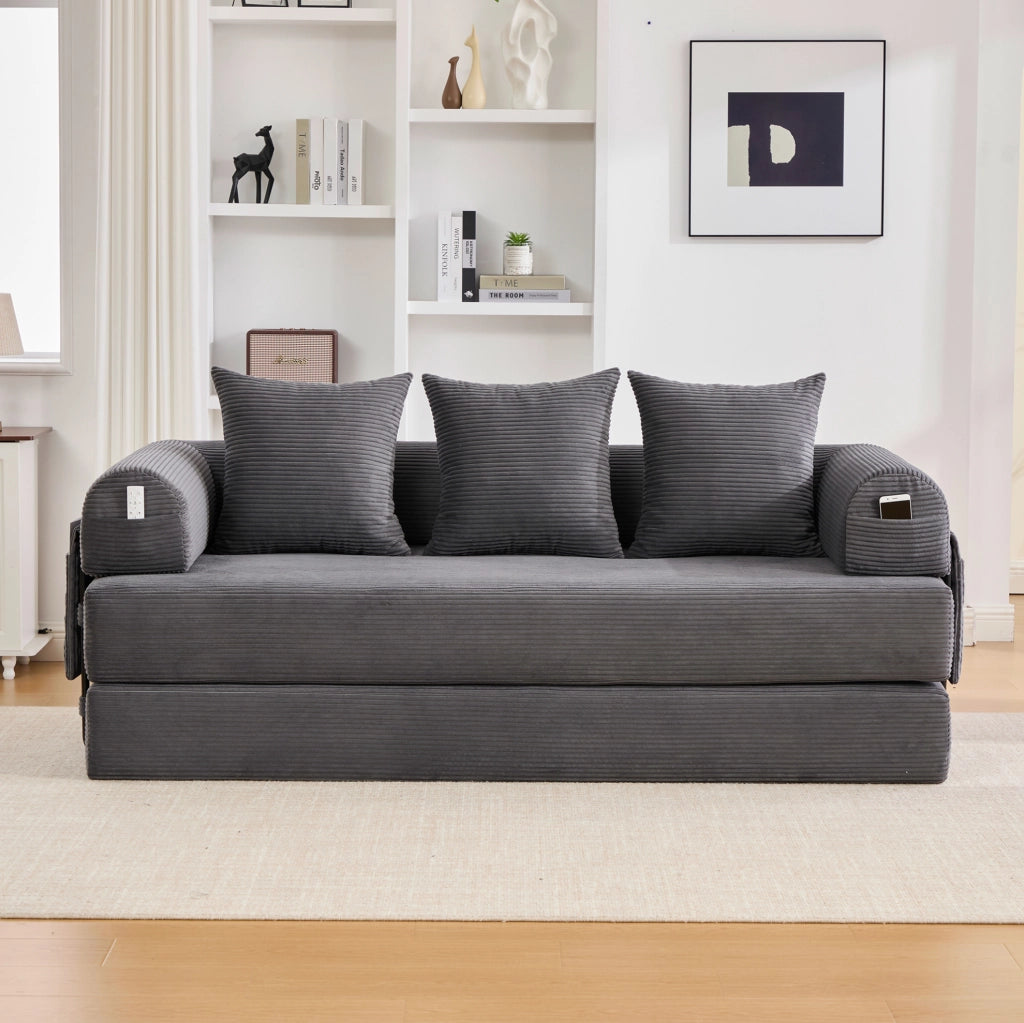 Divano modulare 200x94x67 cm con tasca laterale e 3 cuscini; tessuto a coste grigio scuro