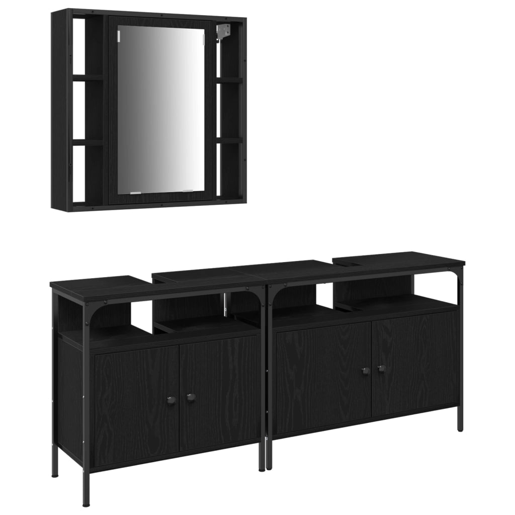Set di mobili per bagno a 3 pezzi in legno ingegnerizzato nero e quercia