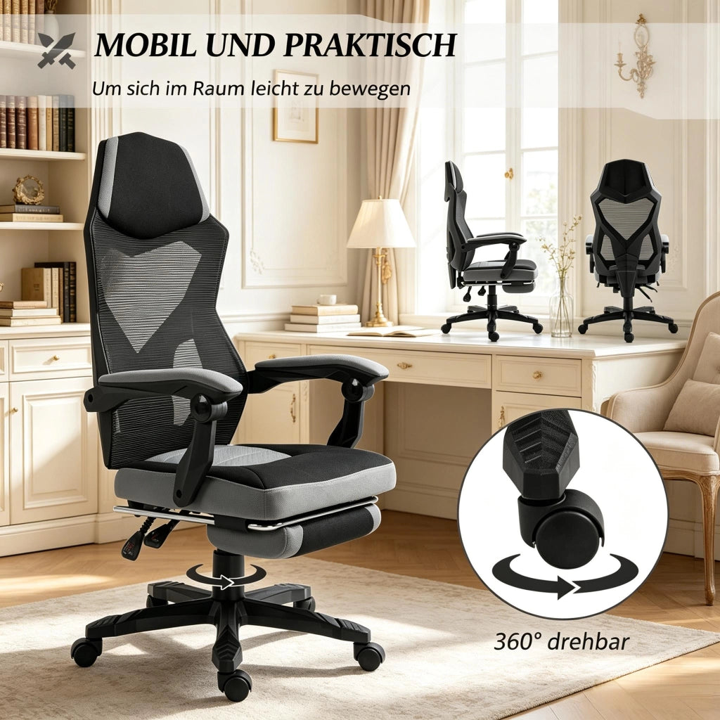 Sedia da ufficio gaming ergonomica con schienale alto altezza regolabile e poggiapiedi in rete nero e grigio