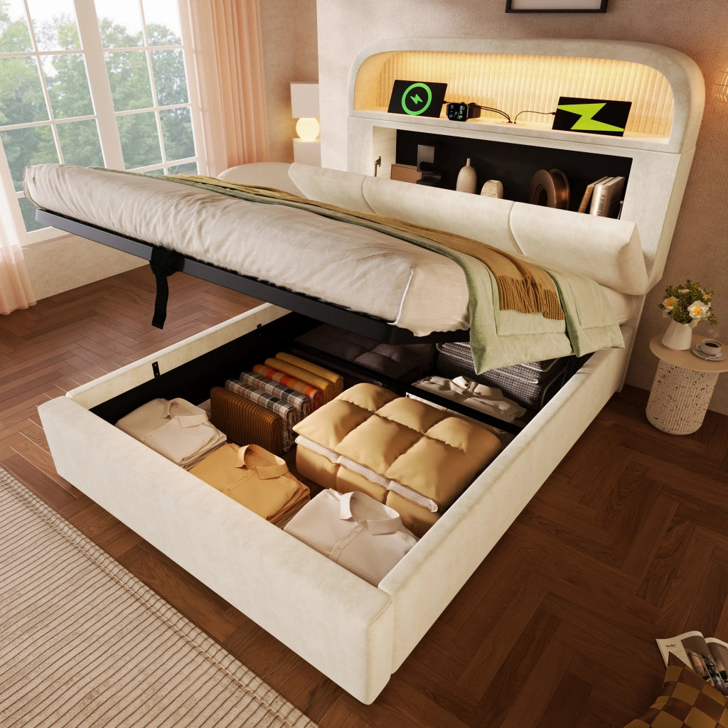 OKWISH Letto Contenitore 90×200 cm, Letto Singolo con LED Regolabile, USB, Tipo C e Testiera Regolabile, senza Materasso, Velluto, Beige