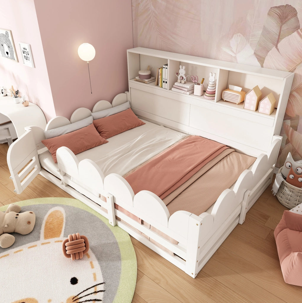 Letto a terra per bambini 140x190 cm in legno bianco con sponda; porta e ripiani