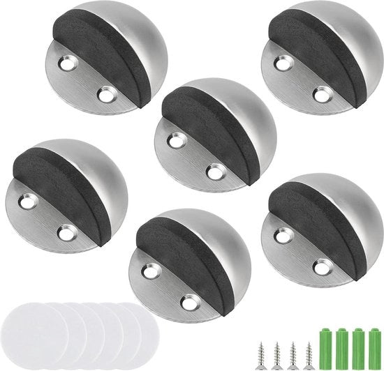 Stoppi per porte di pavimento - 6-pack fermi porta pavimento a mezzaluna in acciaio inossidabile con viti - fermi porta ovale in metallo e gomma per pavimento e parete