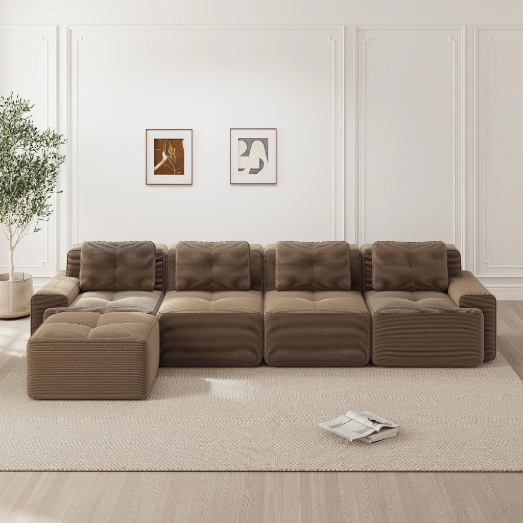 Divano modulare 4 posti con chaise longue in velluto a coste marrone HOMVRA